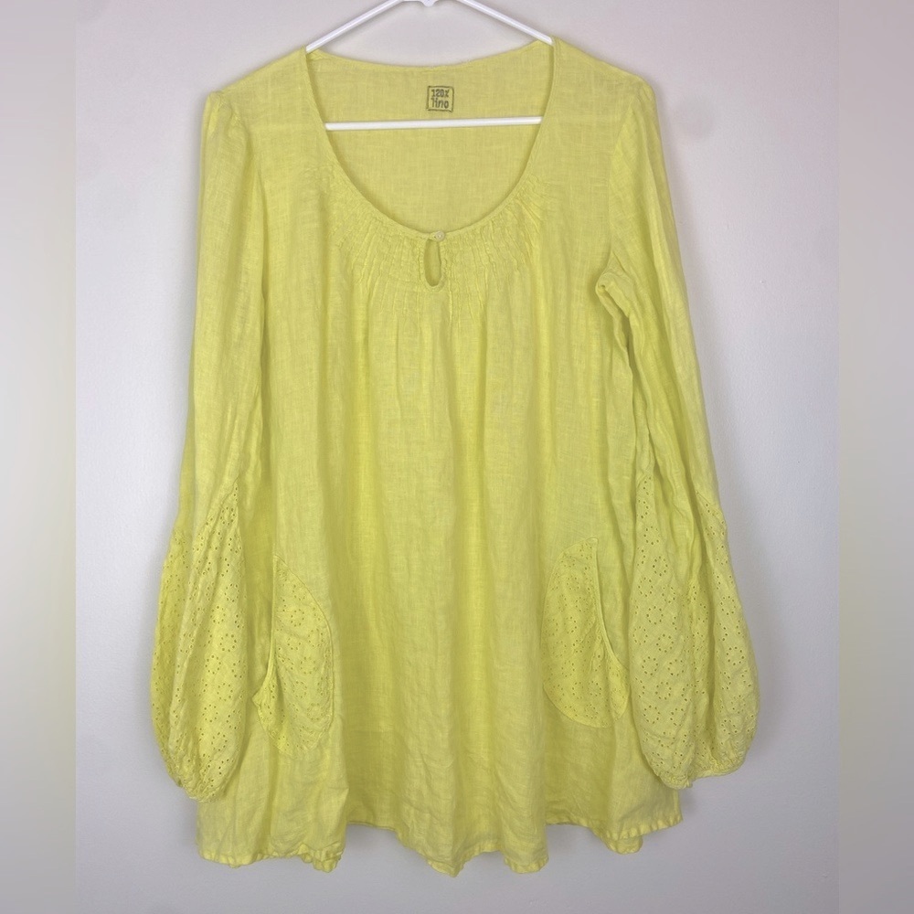 120% LINO Lemon Yellow Linen Tunic Top Dress Long Sleeve Eyelet Detail Small(42)